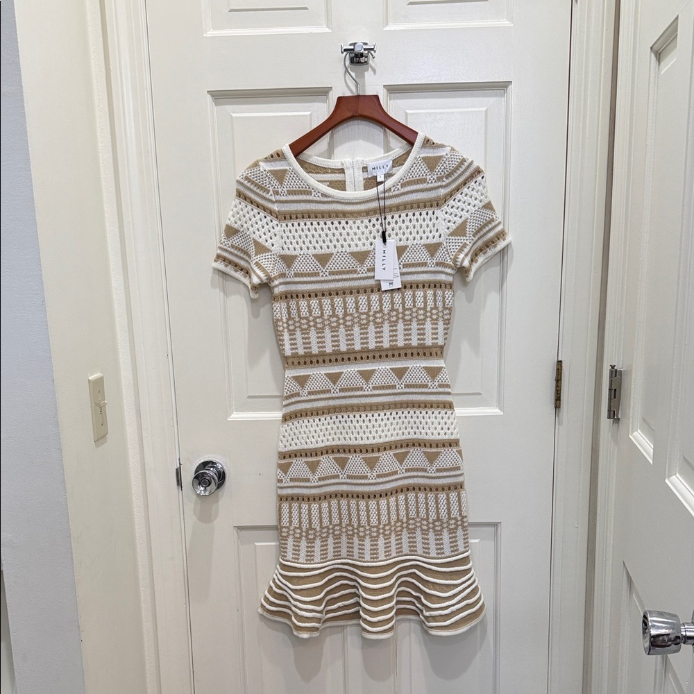 Milly Cream and Brown Geometric Knit Dress